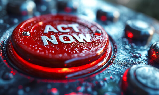 A 3D rendered red button with the words ACT NOW symbolizes urgency, immediate action, response, and the importance of taking swift decisive steps
