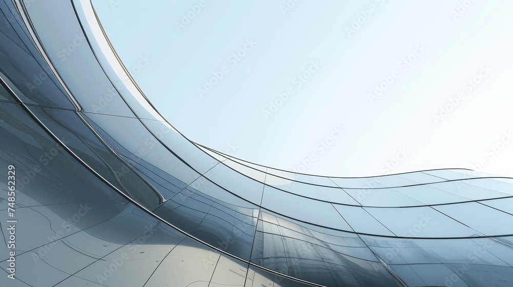 Poster a 3d visualization of a high rise curve glass building with a dark steel window system on a blue sky