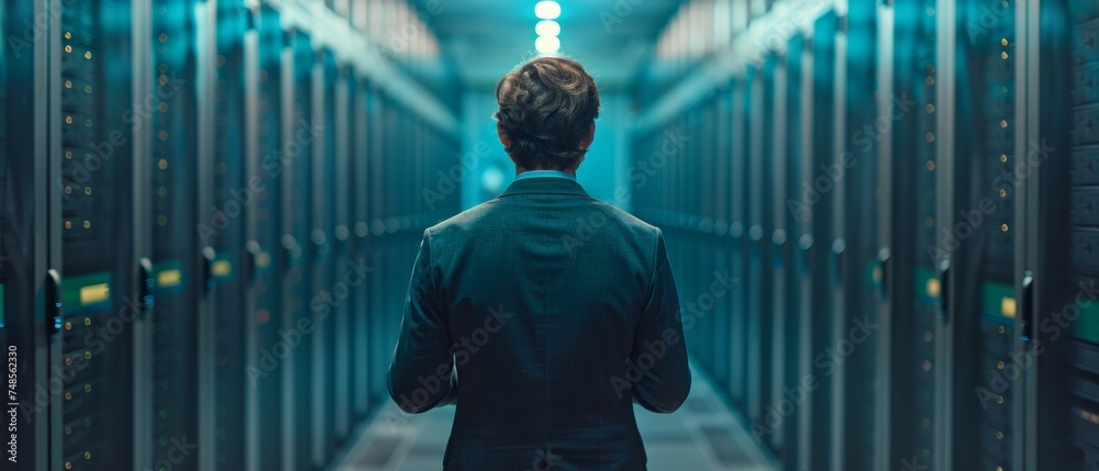 Aufkleber a young it engineer walks into the server room of a network with a thin aluminum laptop