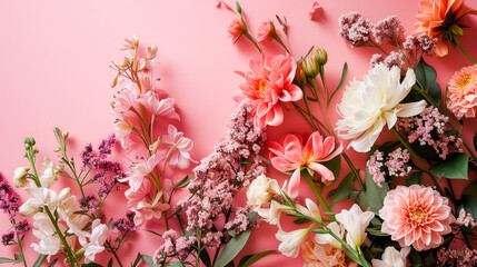 Beautiful composition of flowers on pastel pink background, with big blank space on side for copy and text for Valentine's Day, Easter, Birthday, Happy Women's Day, Mother's Day. Flat lay, top view