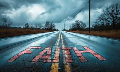 The word FAITH painted on a deserted highway stretching towards the horizon under a stormy sky, symbolizing belief, trust, and the journey of life