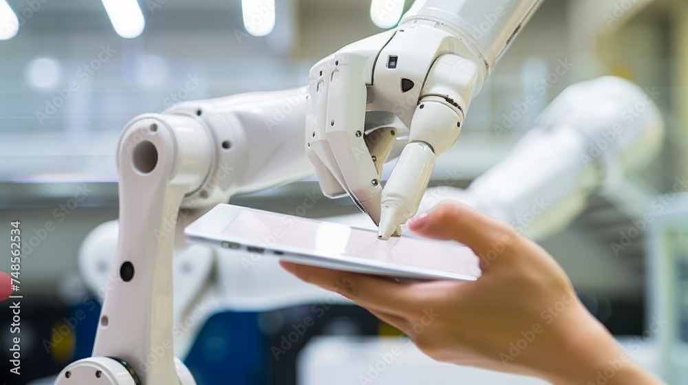 Poster In smart factory industrial, heavy automation robot arm machine is controlled by engineer hand using tablet. Industry 4th IoT concept.