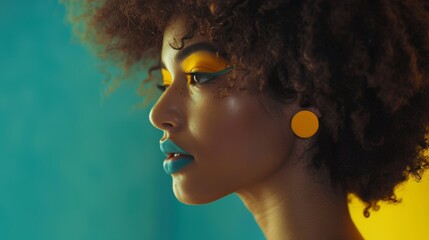 Afro hair model profile portrait showcasing a happy brunette with creative yellow make up, lips, eyeshadows, on a colorful background