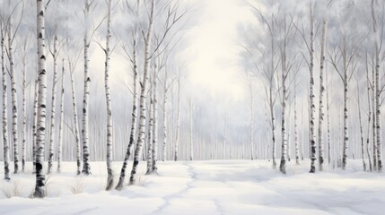 a painting of a snow covered path leading through a grove of trees with and.