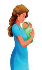 Mother holding newborn baby. Vector cartoon illustration