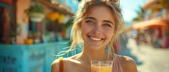 The photo shows a young stylish hipster walking along the street wearing cute trendy clothes, drinking tasty smoothies, smiling and enjoying the weekends, traveling with a backpack. - obrazy, fototapety, plakaty