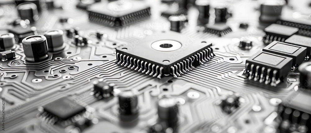 Leinwandbilder The background of printed circuit boards is white with a gray scale texture. Technology background. Information technology. The space for text is gray. Background image of printed circuit boards.