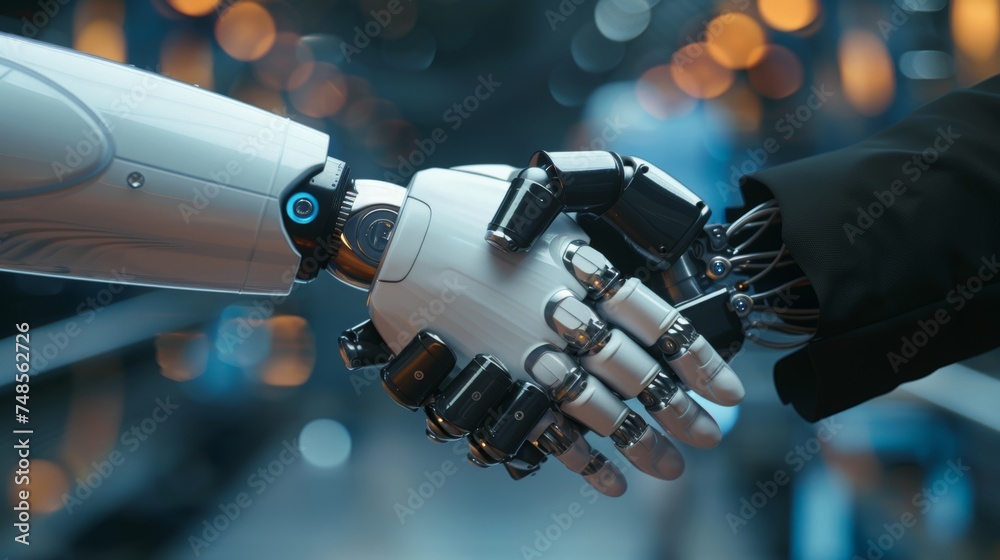 Poster businessperson shaking hands with digital partner over futuristic background. machine learning and a