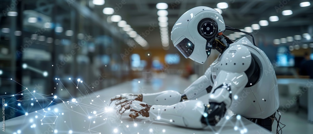 Leinwandbilder technical industrial engineer managed and controlled robotics. industry network connection on tablet