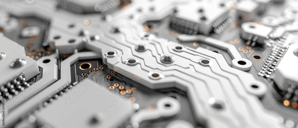 Poster An illustration of a printed circuit board with a white texture background. Computer background. Information technology background. Text space on a grayscale pcb image.