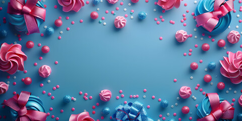 Assortment of confectionery products various types of desserts and berries on blue background.