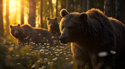 Brown bear family standing in front of the camera in the forest with setting sun. Group of wild animals in nature.