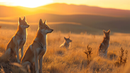 Dingo family standing in front of the camera in the rocky plains with setting sun. Group of wild animals in nature.