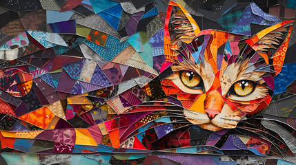 Colorful cloth collage artwork of a cat contemporary art. generative ai 
