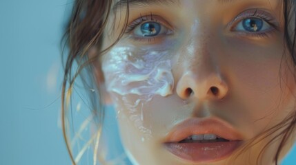 Beauty close up portrait of young woman applying skincare product with healthy glowing skin. Cream smear.