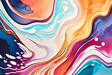 Closeup of abstract watercolor paint background texture with liquid fluid marbled paper texture banner texture. Generative AI (생성형 AI) - obrazy, fototapety, plakaty