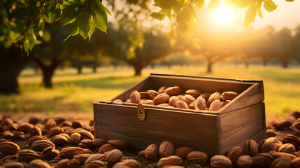 Pecan nuts harvested in a wooden box in a plantation with sunset. Natural organic fruit abundance. Agriculture, healthy and natural food concept. - obrazy, fototapety, plakaty