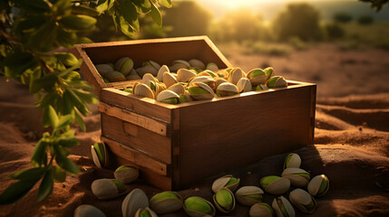 Pistachio nuts harvested in a wooden box in a plantation with sunset. Natural organic fruit abundance. Agriculture, healthy and natural food concept.