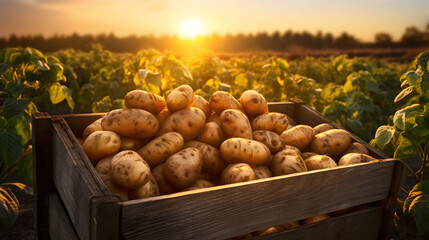 Potatoes harvested in a wooden box with field and sunset in the background. Natural organic fruit abundance. Agriculture, healthy and natural food concept. Horizontal composition.