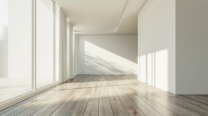 A white empty room with a wooden floor, surrounded by a contemporary interior background.