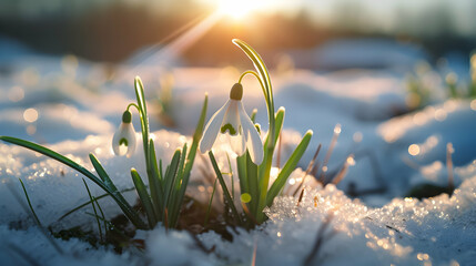 Colorful snowdrop flowers and grass growing from the melting snow and sunshine in the background. Concept of spring coming and winter leaving.