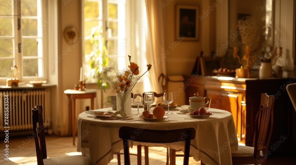 Sticker a dining room with and chairs and a vase of flowers on with two cups and saucers on it.