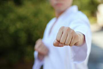Taekwondo athlete doing jab punch when training outdoor - obrazy, fototapety, plakaty