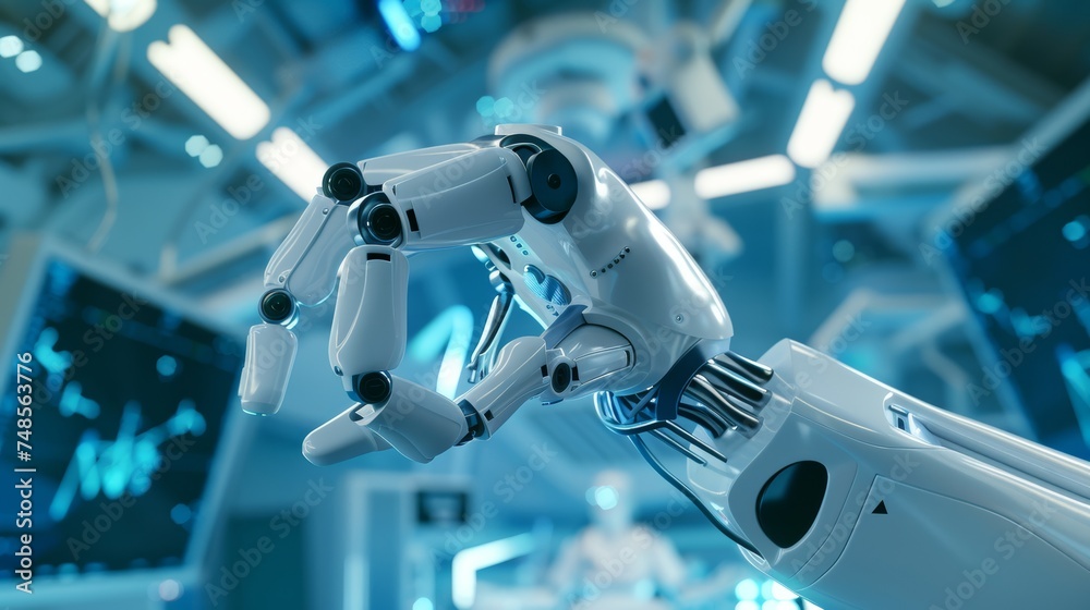 Aufkleber A robot hand that uses artificial intelligence to assist in surgical operations, in unity with the human and AI concepts, with a blue banner background displaying graphical icons.