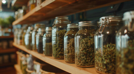 Rows of glass jars with cannabis against wooden shelves.