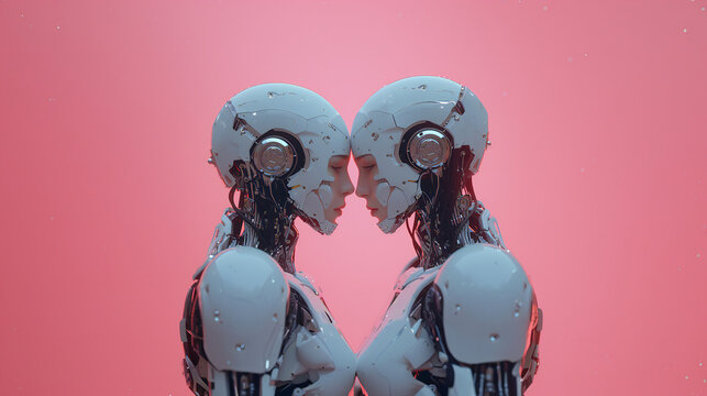 Two AI robots face each other, showcasing advanced artificial intelligence technology. This image is perfect for: technology, innovation, artificial intelligence.