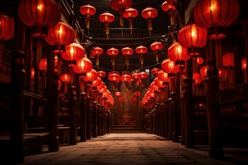 Festive Red chinese lantern street. Festival culture. Generate Ai - obrazy, fototapety, plakaty