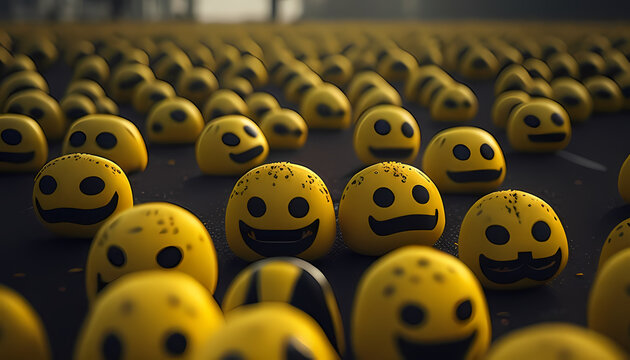 Naklejki Group of happy yellow smiley faces balls emoji 3d illustration Created With Generative Ai
