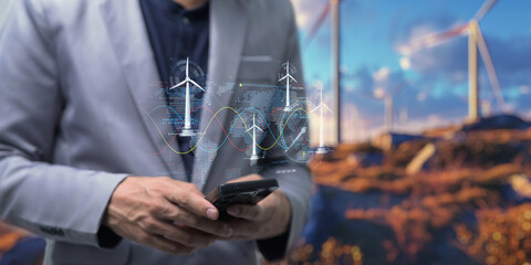 hologram screen Humans controlling the system Wind turbines produce electricity. Eco queue, clean...