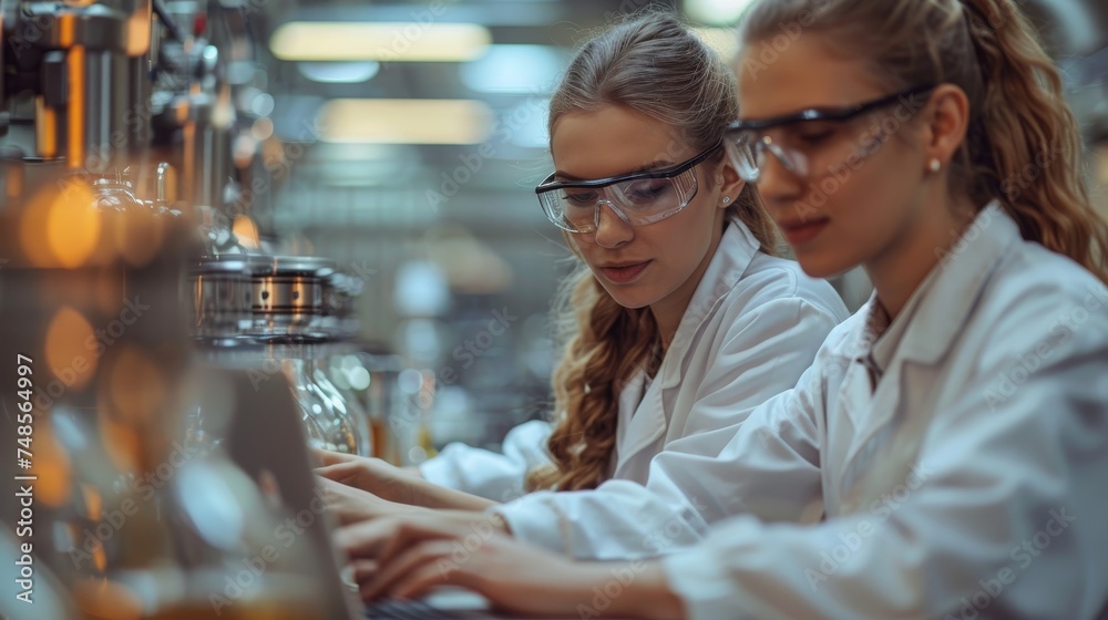 Aufkleber Male and female engineers analyzing an Artificial Intelligence program using laptop computers in a high-tech research office.