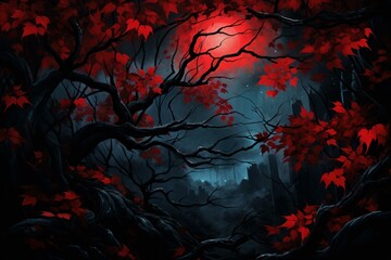 Vibrant Red leaves night foliage. Summer fantasy. Generate Ai