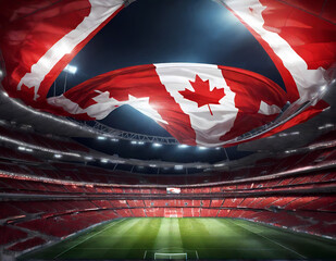 The Canadian flag with its iconic red maple leaf waving proudly, symbolizing national pride and patriotism on a global stage, set against the vibrant energy of an international football championship