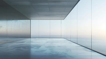 A 3D render of an abstract futuristic glass structure with an empty concrete floor.