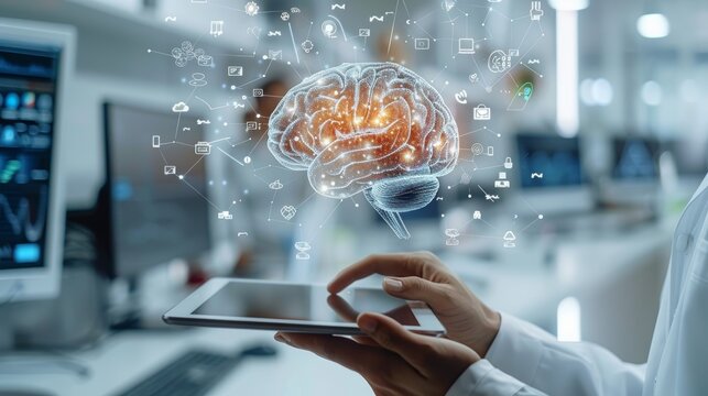 Conceptual representation of AI, machine learning, data mining and other modern computer technologies. A brain representing AI and a businessman holding a futuristic tablet.