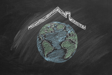 World globe with roof. Save the World. Chalk drawn illustration. Earth day concept.