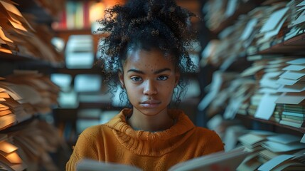 A Young African American Woman Exploring Books in a Library