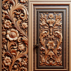 door with ornament  door, pattern, decoration, architecture, wood, art, old, ancient, detail, design, gold, temple, asia, thai, texture,Ai generated 