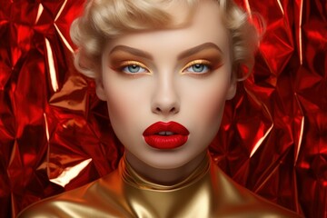 Stunning Red sexy lips golden. Lips sculpture. Generate AI - 748565958