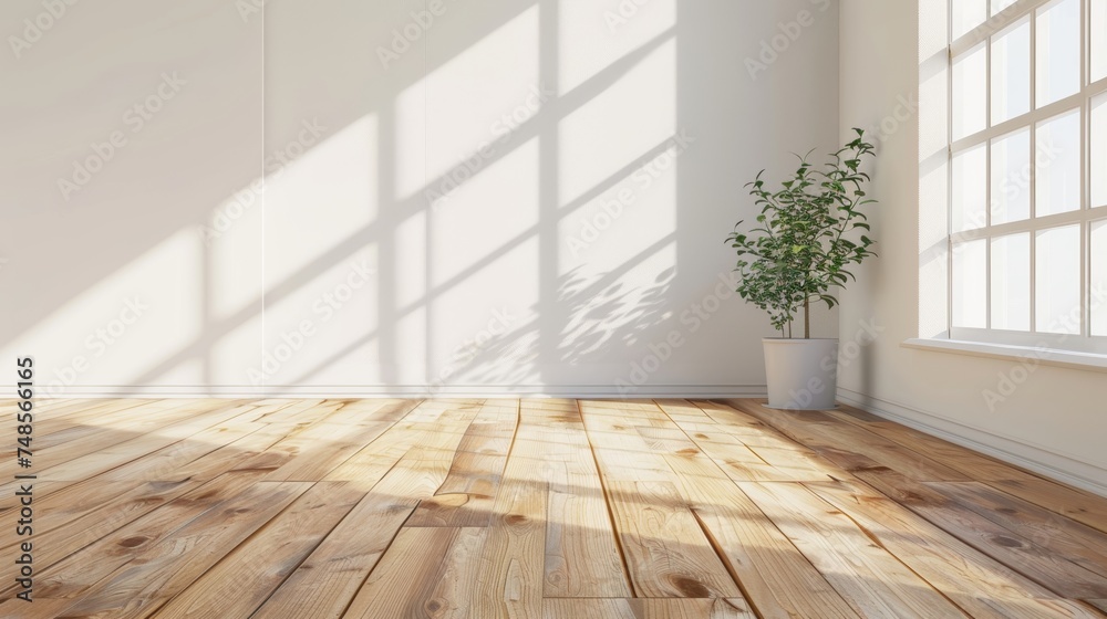 Aufkleber white empty room and wood laminate floor with sun light casting shadows on the wall. perspective of 