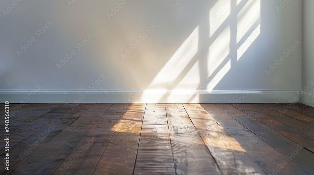Poster light from the sun casts a shadow on a white empty room with dark laminate wood floors. classic inte