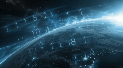Planet at night viewed from space showing digits and code, information transferred through space, information, communication and technology concept