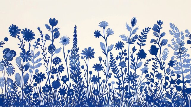 Blue elegant linocut flowers, Blue cutout florals on white background, Blue floral border, natural blue spring illustration