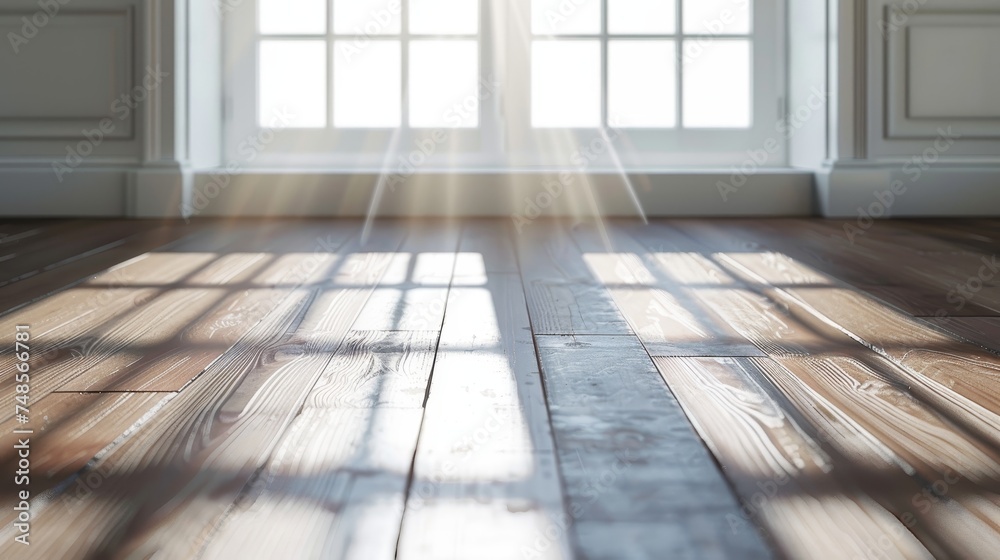 Poster the shadow cast by the sun on the white empty room and the dark laminate wooden floors is reminiscen