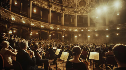 Orchestra performing passionately in an elegant theater.