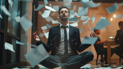 Businessman finds serenity amidst office chaos with papers flying, practicing meditation.