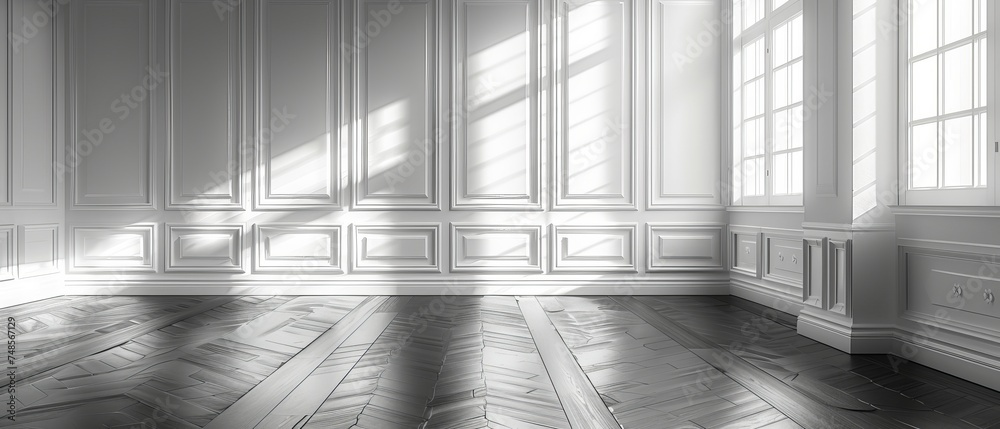Poster the sun light casts a shadow on a white empty room with a dark laminate wood floor. it is a classic 